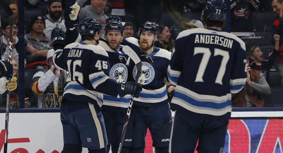 Columbus Blue Jackets center Boone Jenner (38) celebrates a goal against the Vegas Golden Knights during the second period at Nationwide Arena.