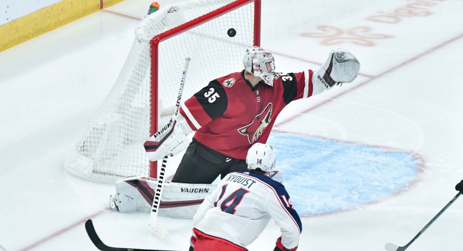 Nov 7, 2019; Glendale, AZ, USA; Columbus Blue Jackets center Gustav Nyquist (14) scores a goal past Arizona Coyotes goaltender Darcy Kuemper (35) in the first period at Gila River Arena.