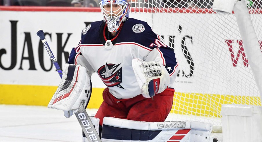 Oct 26, 2019; Philadelphia, PA, USA; Columbus Blue Jackets goaltender Joonas Korpisalo (70) against the Philadelphia Flyers at Wells Fargo Center.