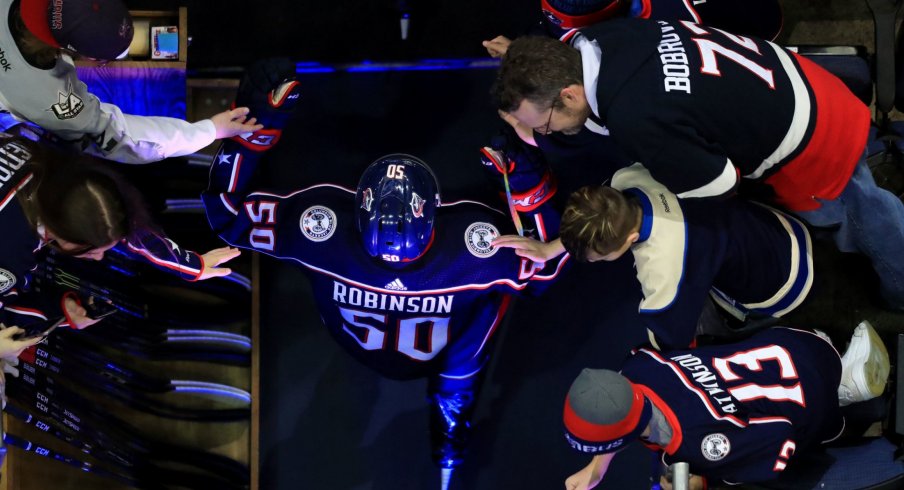 Feb 23, 2019; Columbus, OH, USA; Columbus Blue Jackets left wing Eric Robinson (50) against the San Jose Sharks at Nationwide Arena. Mandatory Credit: Aaron Doster-USA TODAY Sports