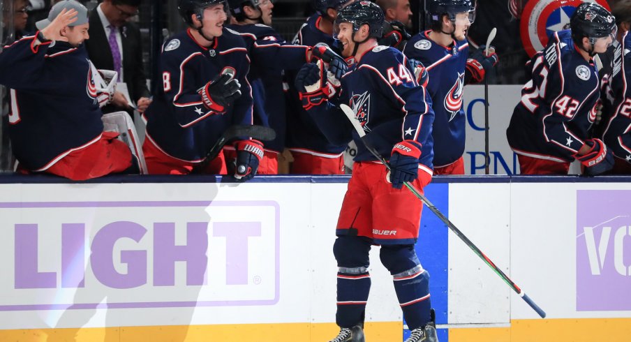 Nov 15, 2019; Columbus, OH, USA; Columbus Blue Jackets defenseman Vladislav Gavrikov (44) celebrates with teammates after scoring his first career goal in the game against the St. Louis Blues in the first period at Nationwide Arena. Mandatory Credit: Aaron Doster-USA TODAY Sports