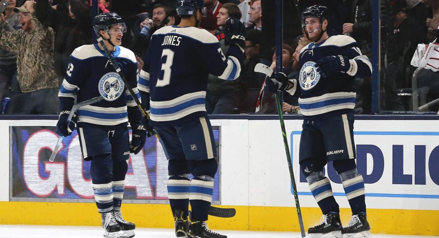 Nov 19, 2019; Columbus, OH, USA; Columbus Blue Jackets center Pierre-Luc Dubois (18) celebrates a goal against the Montreal Canadiens during the second period at Nationwide Arena.