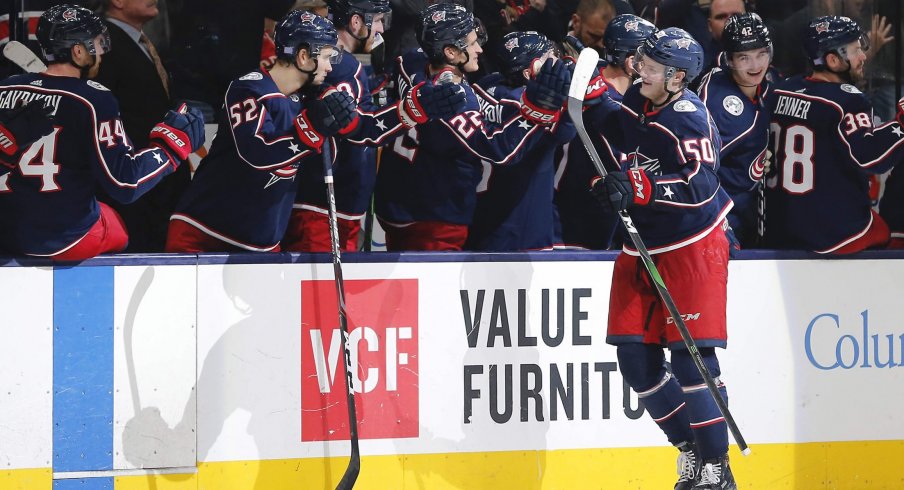 Nov 21, 2019; Columbus, OH, USA; Columbus Blue Jackets left wing Eric Robinson (50) celebrates after a goal against the Detroit Red Wings during the third period at Nationwide Arena.