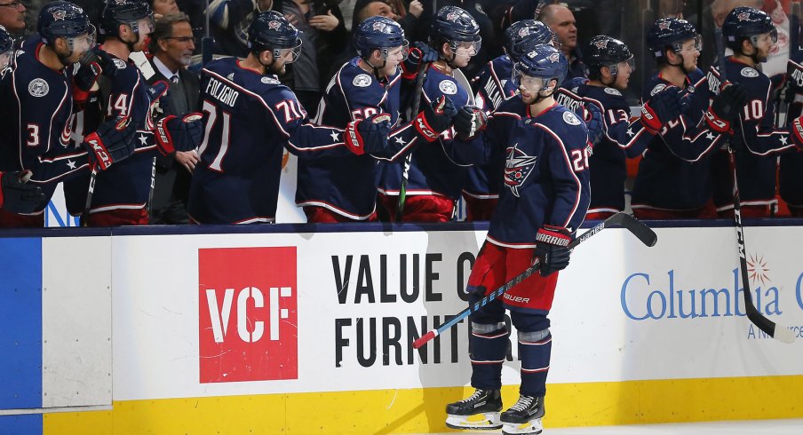 Nov 21, 2019; Columbus, OH, USA; Columbus Blue Jackets right wing Oliver Bjorkstrand (28) celebrates with teammates after scoring a goal during the third period against the Detroit Red Wings at Nationwide Arena. Mandatory Credit: Russell LaBounty-USA TODAY Sports