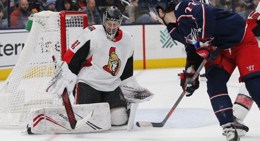 Ottawa Senators goalie Craig Anderson (41) makes a save from the shot of Columbus Blue Jackets right wing Josh Anderson (77) during the second period at Nationwide Arena.