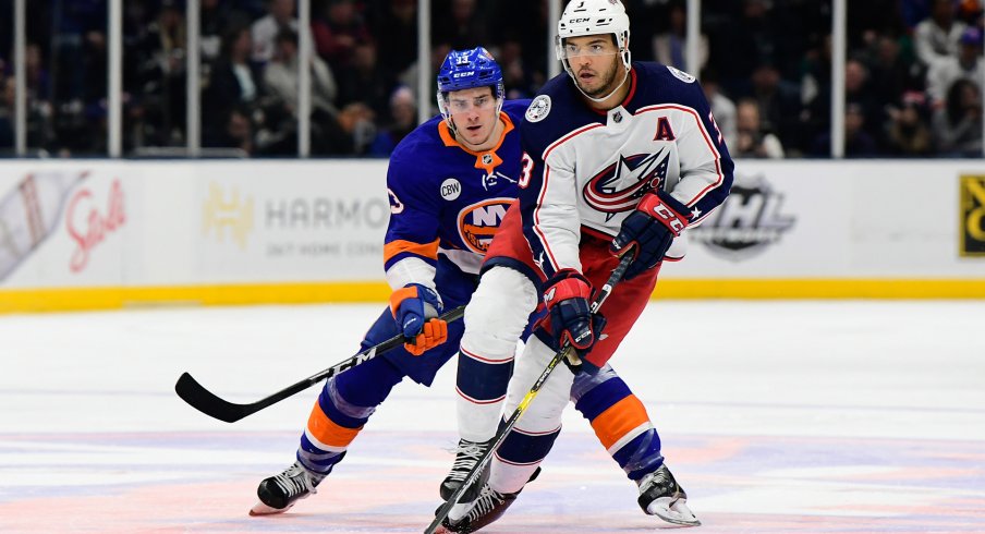 Mar 11, 2019; Uniondale, NY, USA; Columbus Blue Jackets defenseman Seth Jones (3) skates with the puck against the New York Islanders during the third period at Nassau Veterans Memorial Coliseum.