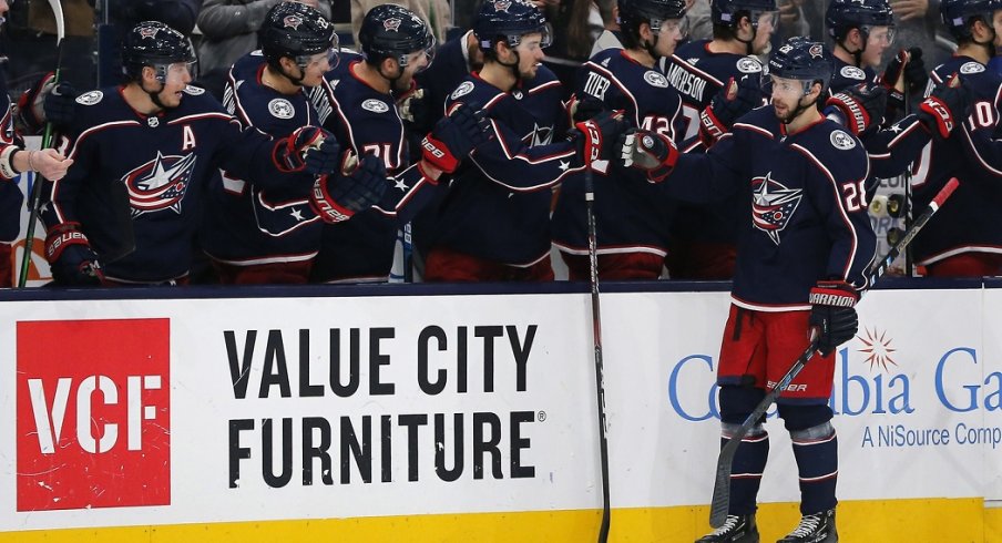 ; Columbus Blue Jackets right wing Oliver Bjorkstrand (28) celebrates a goal against the Ottawa Senators during the third period at Nationwide Arena. 