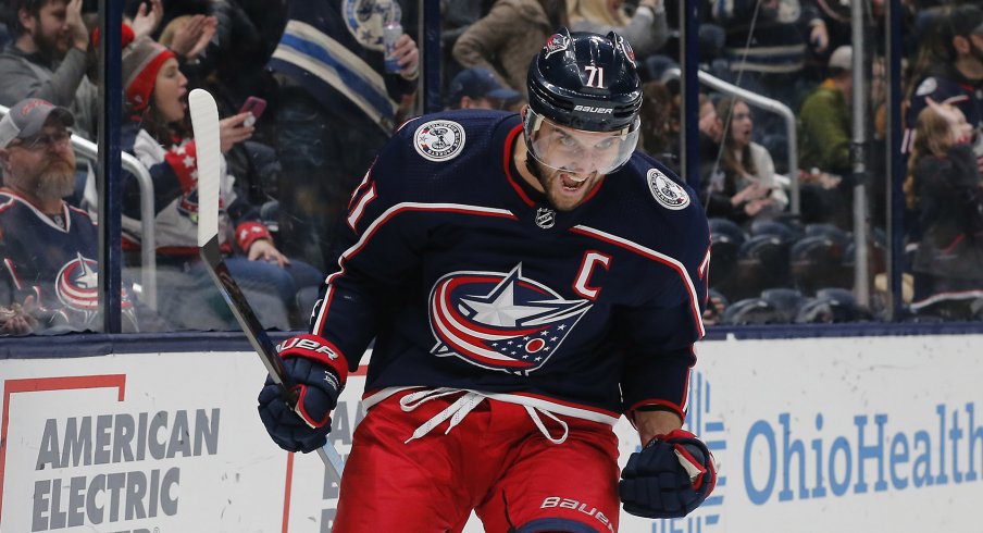 Nov 29, 2019; Columbus, OH, USA; Columbus Blue Jackets left wing Nick Foligno (71) celebrates after scoring a goal against the Pittsburgh Penguins during the second period at Nationwide Arena.