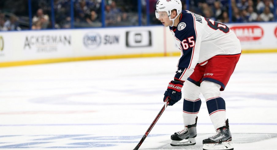 Columbus Blue Jackets defenseman Markus Nutivaara (65) during the second period of game one of the first round of the 2019 Stanley Cup Playoffs at Amalie Arena.