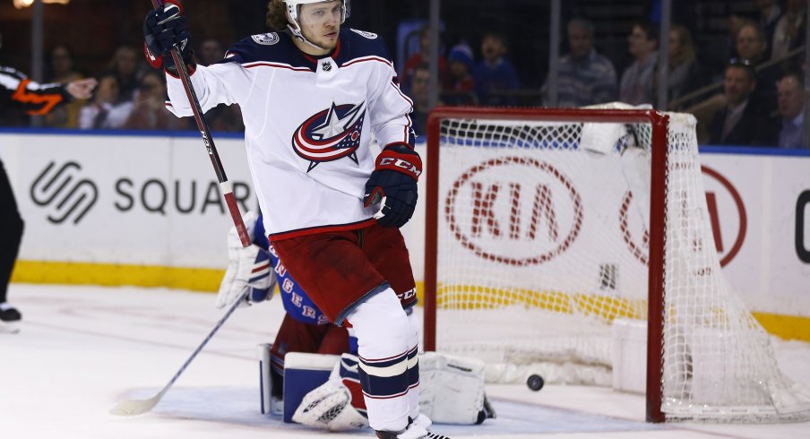 Columbus Blue Jackets left wing Artemi Panarin (9) celebrates his shoot out goal past New York Rangers goaltender Alexandar Georgiev (40) at Madison Square Garden.