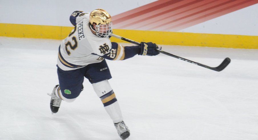 Apr 7, 2018; St. Paul, MN, USA; Notre Dame defenseman Andrew Peeke (22) takes a shot during the second period against the Minnesota Duluth Bulldogs in the 2018 Frozen Four college hockey national championship game at Xcel Energy Center. Mandatory Credit: Marilyn Indahl-USA TODAY Sports