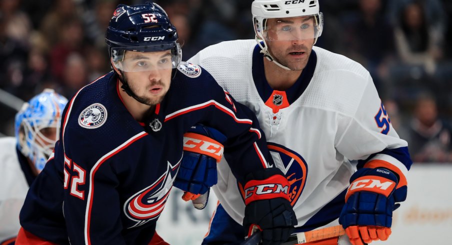 Columbus Blue Jackets center Emil Bemstrom (52) skates against New York Islanders defenseman Johnny Boychuk (55) in the second period at Nationwide Arena. 