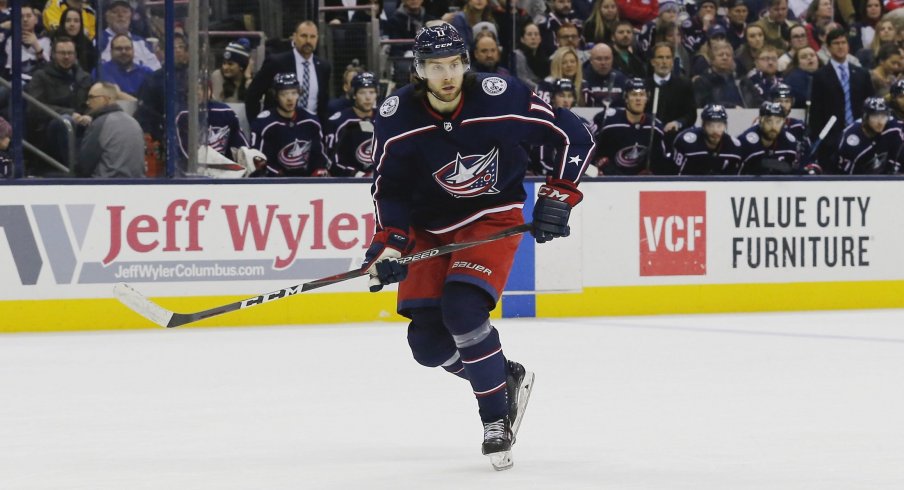 Jan 18, 2019; Columbus, OH, USA; Columbus Blue Jackets center Kevin Stenlund (11) against the Montreal Canadiens during the second period at Nationwide Arena.