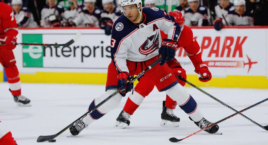 Nov 26, 2018; Detroit, MI, USA; Columbus Blue Jackets defenseman Seth Jones (3) skates with the puck in the first period against the Detroit Red Wings at Little Caesars Arena. Mandatory Credit: Rick Osentoski-USA TODAY Sports