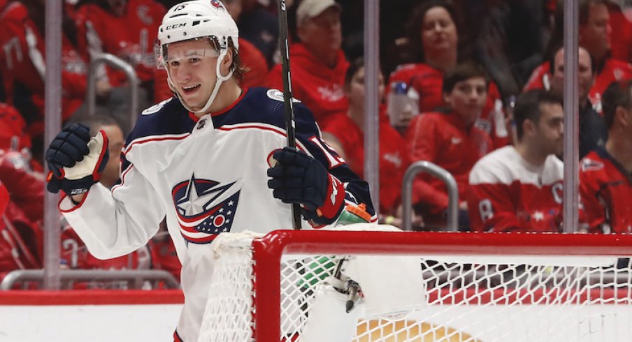 Columbus Blue Jackets left wing Jakob Lilja (15) celebrates after scoring a goal against the Washington Capitals in the second period at Capital One Arena.