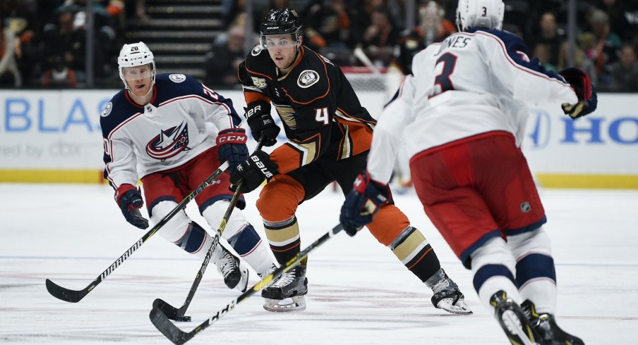 Nov 4, 2018; Anaheim, CA, USA; Anaheim Ducks defenseman Cam Fowler (4) handles the puck during the third period against the Columbus Blue Jackets at Honda Center. Mandatory Credit: Kelvin Kuo-USA TODAY Sports