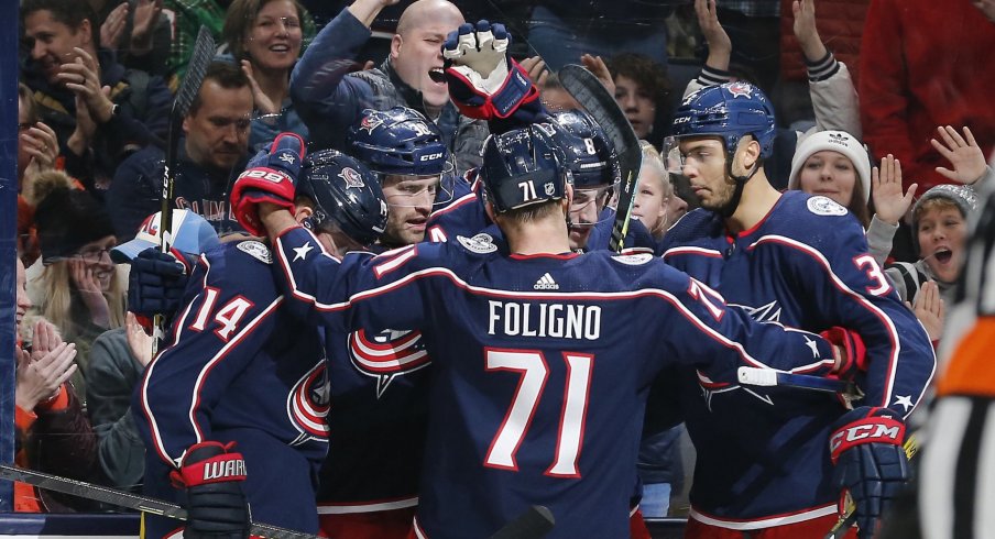 Gustav Nyquist, Boone Jenner, Nick Foligno, Zach Werenski and Seth Jones celebrate a goal for the Columbus Blue Jackets against the San Jose Sharks on Jan. 4 at Nationwide Arena.