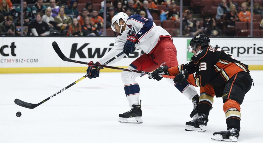 Blue Jackets defenseman Seth Jones shoots the puck on goal.