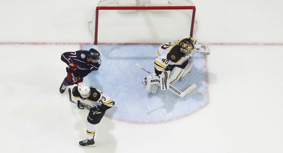 May 6, 2019; Columbus, OH, USA; Boston Bruins goalie Tuukka Rask (40) tracks the puck aColumbus Blue Jackets during the third period in game six of the second round of the 2019 Stanley Cup Playoffs at Nationwide Arena. Mandatory Credit: Russell LaBounty-USA TODAY Sports
