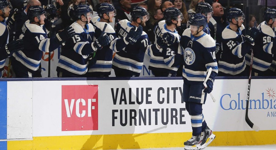 Jan 14, 2020; Columbus, Ohio, USA; Columbus Blue Jackets center Alexander Wennberg (10) celebrates a goal against the Boston Bruins during the first period at Nationwide Arena.