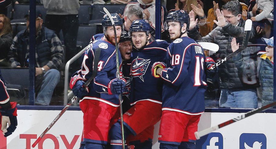 Jan 16, 2020; Columbus, Ohio, USA; Columbus Blue Jackets center Emil Bemstrom (52) celebrates after scoring a goal against the Carolina Hurricanes during the first period at Nationwide Arena.