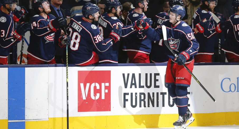 Dec 16, 2019; Columbus, OH, USA; Columbus Blue Jackets left wing Eric Robinson (50) celebrates a goal against the Washington Capitals during the first period at Nationwide Arena.