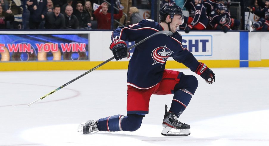  Zach Werenski celebrates after scoring the winning goal against the Florida Panthers during overtime at Nationwide Arena