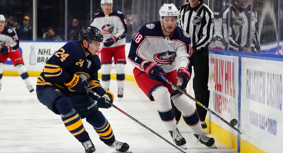 Mar 31, 2019; Buffalo, NY, USA; Buffalo Sabres defenseman Lawrence Pilut (24) and Columbus Blue Jackets center Pierre-Luc Dubois (18) go after a loose puck during the first period at KeyBank Center.
