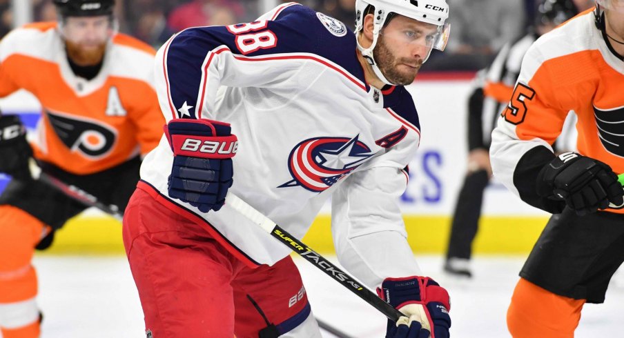 Oct 26, 2019; Philadelphia, PA, USA; Columbus Blue Jackets center Boone Jenner (38) against the Philadelphia Flyers at Wells Fargo Center. 