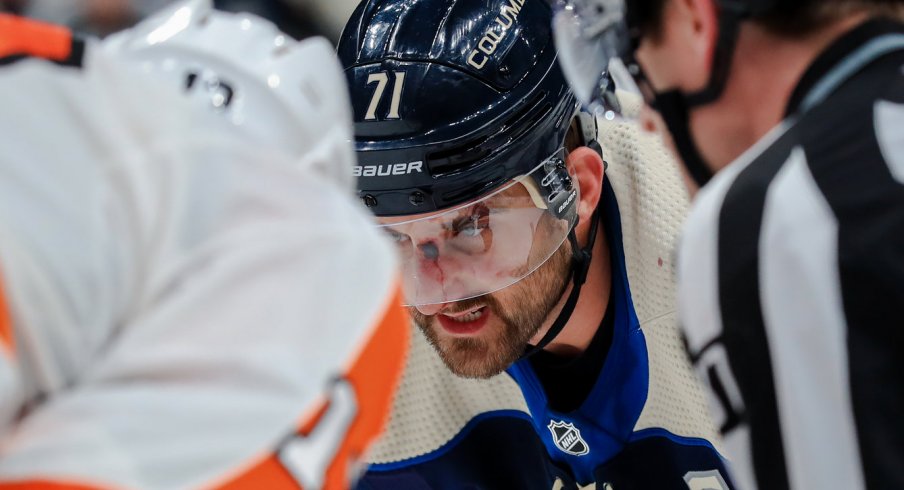 Feb 20, 2020; Columbus, Ohio, USA; Columbus Blue Jackets left wing Nick Foligno (71) awaits the face-off gainst the Philadelphia Flyers in the overtime period at Nationwide Arena. Mandatory Credit: Aaron Doster-USA TODAY Sports
