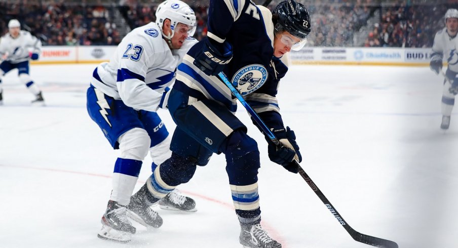 Sonny Milano plays against Tampa Bay's Carter Verhaeghe