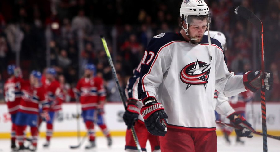 Columbus Blue Jackets right wing Josh Anderson (77) reacts after his team lost against Montreal Canadiens at Bell Centre