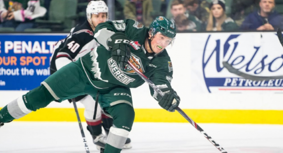 Jake Christiansen of the Everett Silvertips attempts a shot during a Western Hockey League game.