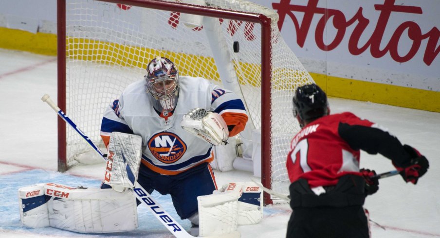 Ottawa Senators left wing Brady Tkatchuk (7) scores against New York Islanders goalie Semyon Varlamov (40) in the third period at the Canadian Tire Centre.