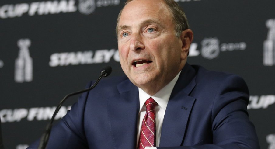 NHL commissioner Gary Bettman speaks at a press conference before game one of the 2019 Stanley Cup Final between the Boston Bruins and the St. Louis Blues at TD Garden.