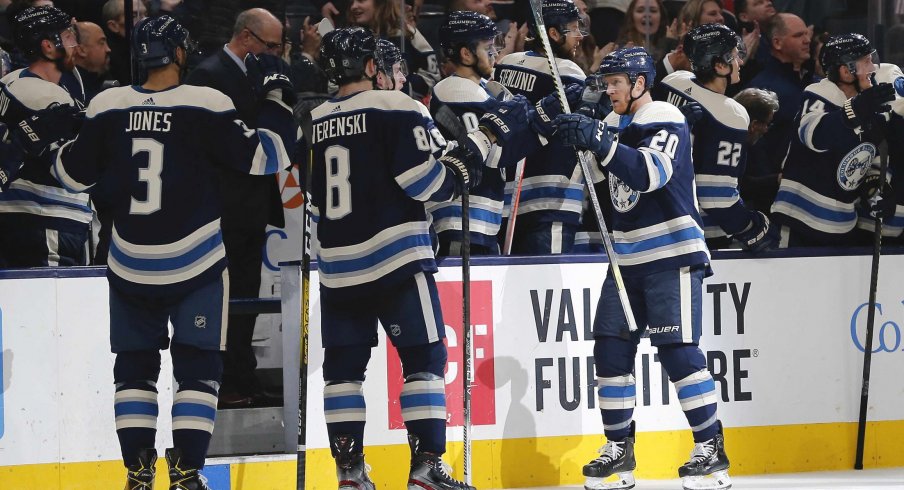 Jan 14, 2020; Columbus, Ohio, USA; Columbus Blue Jackets center Riley Nash (20) celebrates a goal against the Boston Bruins during the third period at Nationwide Arena.