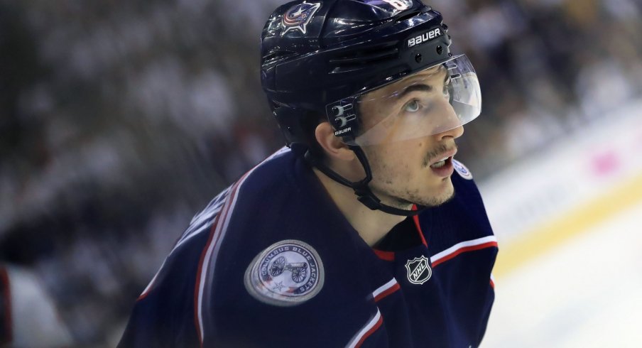 Columbus Blue Jackets defenseman Zach Werenski (8) against the Tampa Bay Lightning in game four of the first round of the 2019 Stanley Cup Playoffs at Nationwide Arena.