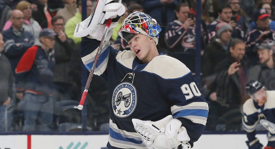 Columbus Blue Jackets goalie Elvis Merzlikins (90) during third period \time out against the Winnipeg Jets at Nationwide Arena.