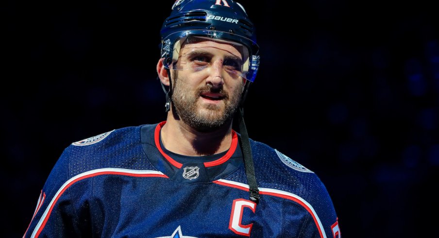 Columbus Blue Jackets left wing Nick Foligno (71) skates on the ice after being named the first star of the game after defeating the Ottawa Senators in the overtime period at Nationwide Arena. 