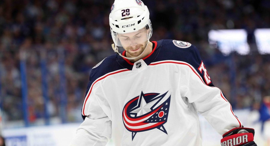 Oliver Bjorkstrand (28) looks on from the ice during the second period of game one of the first round of the 2019 Stanley Cup Playoffs against the Tampa Bay Lightning at Amalie Arena.