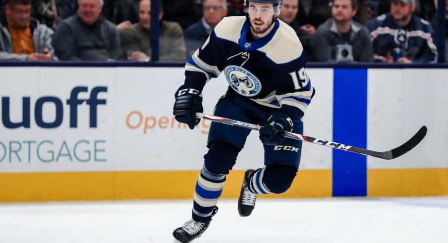 Columbus Blue Jackets center Liam Foudy (19) skates against the Tampa Bay Lightning in the first period at Nationwide Arena.