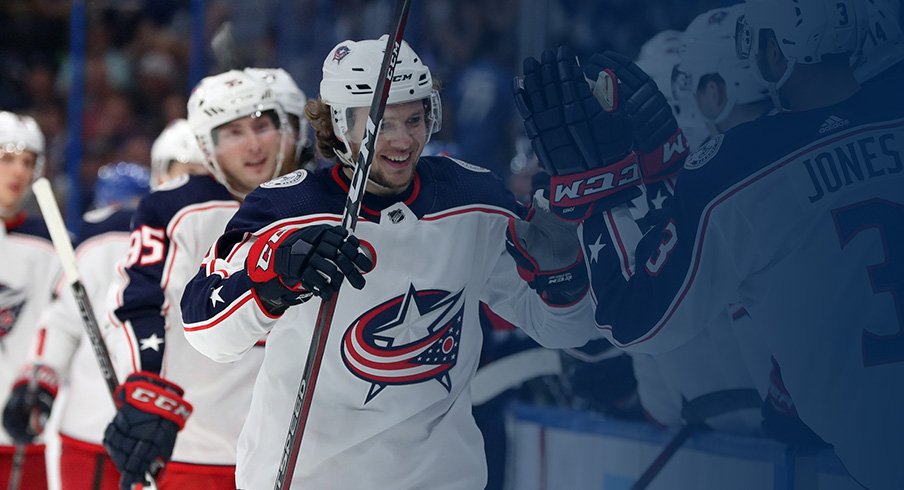 Artemi Panarin and Matt Duchene celebrate the Blue Jackets' 5-1 win in Tampa