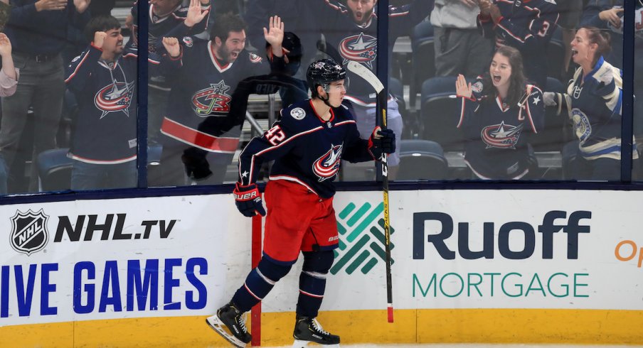 Columbus Blue Jackets center Alexandre Texier celebrates a goal scored at Nationwide Arena.