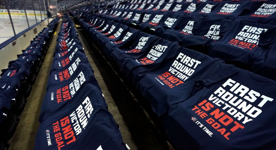 A view of the It's Time shirts on the seats for fans prior to game four between the Boston Bruins and the Columbus Blue Jackets in the second round of the 2019 Stanley Cup Playoffs at Nationwide Arena.