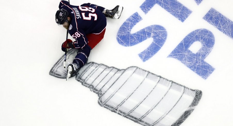 David Savard stretches during warmups before the 2019 Stanley Cup Playoffs