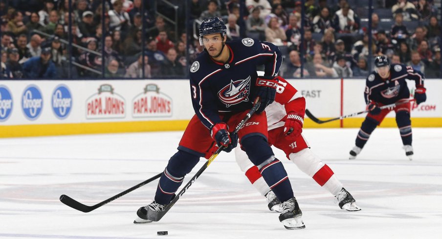 Nov 21, 2019; Columbus, OH, USA; Columbus Blue Jackets defenseman Seth Jones (3) controls the puck against the Detroit Red Wings during the second period at Nationwide Arena.