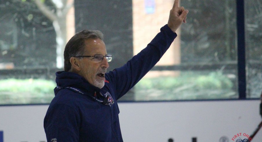 Columbus Blue Jackets head coach John Tortorella gets his team ready for practice during training camp at the OhioHealth Ice Haus.