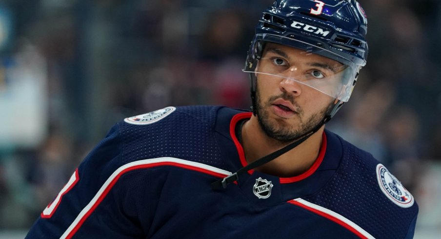 Columbus Blue Jackets defenseman Seth Jones (3) skates during warmups prior to the game against the Toronto Maple Leafs at Nationwide Arena.