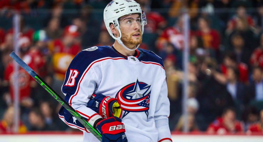 Columbus Blue Jackets center Pierre-Luc Dubois (18) against the Calgary Flames during the second period at Scotiabank Saddledome.