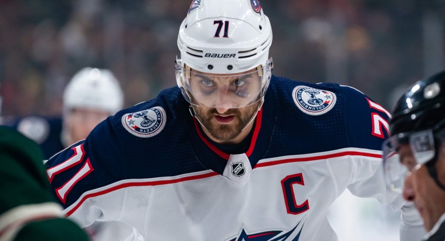 Columbus Blue Jackets forward Nick Foligno (71) takes the faceoff in the first period against Minnesota Wild at Xcel Energy Center.